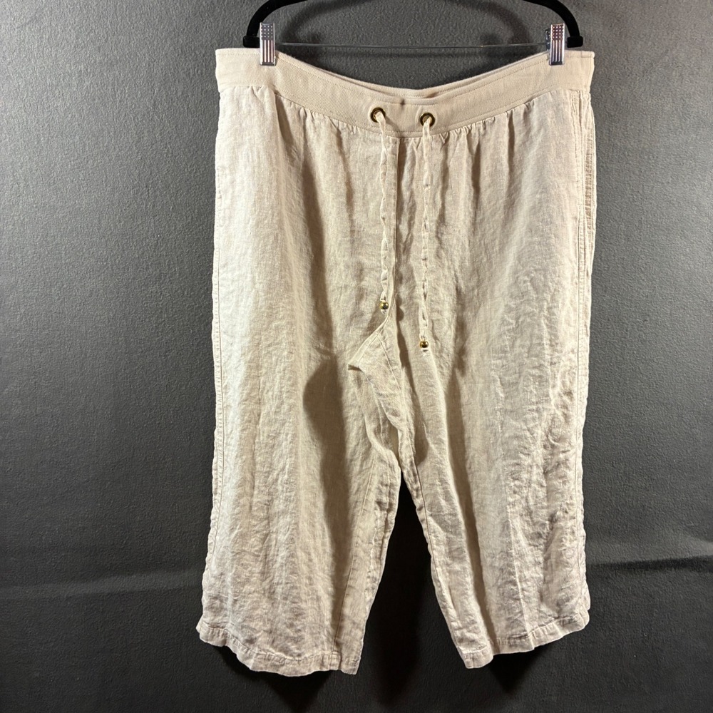 Style Co Woman Linen capri 18 Crop Pants khaki pull on coastal beach minimalist